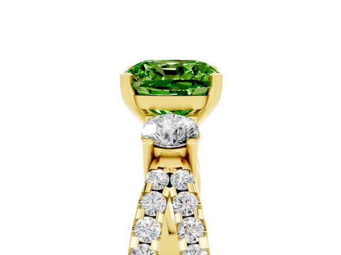 Yellow gold Cushion Cut Peridot Three-Stone Ring with Pavé Split Shank and Four-Prong Setting_17