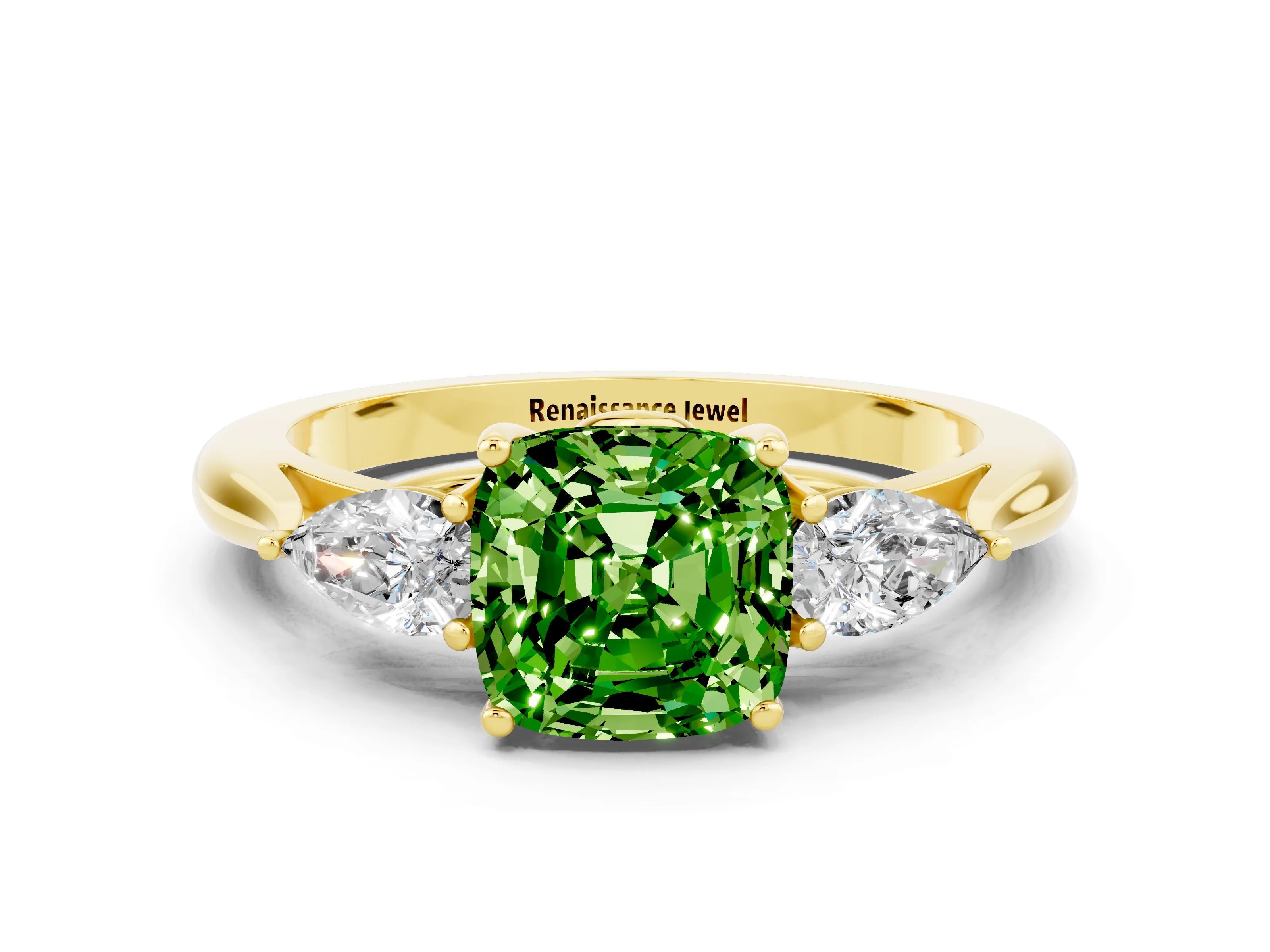 Yellow gold Cushion Cut Peridot Three-Stone Ring with Pear Side Stones and Four-Prong Setting_12