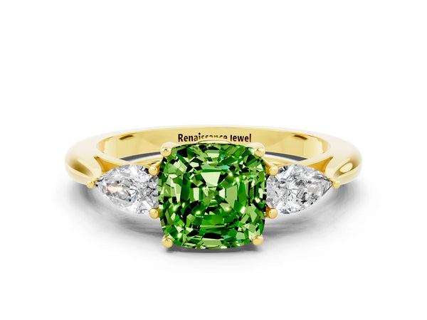 Yellow gold Cushion Cut Peridot Three-Stone Ring with Pear  Side Stones and Prong Setting