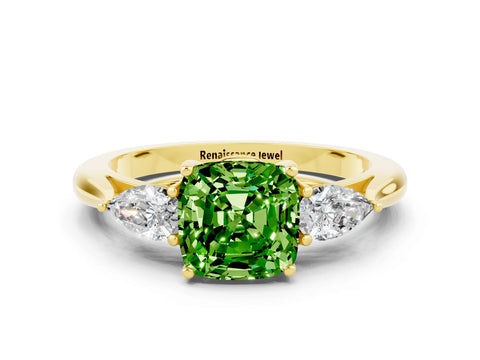 Yellow gold Cushion Cut Peridot Three-Stone Ring with Pear Side Stones and Four-Prong Setting_12