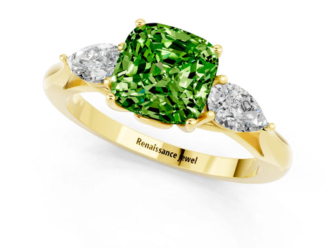 Yellow gold Cushion Cut Peridot Three-Stone Ring with Pear Side Stones and Four-Prong Setting_13