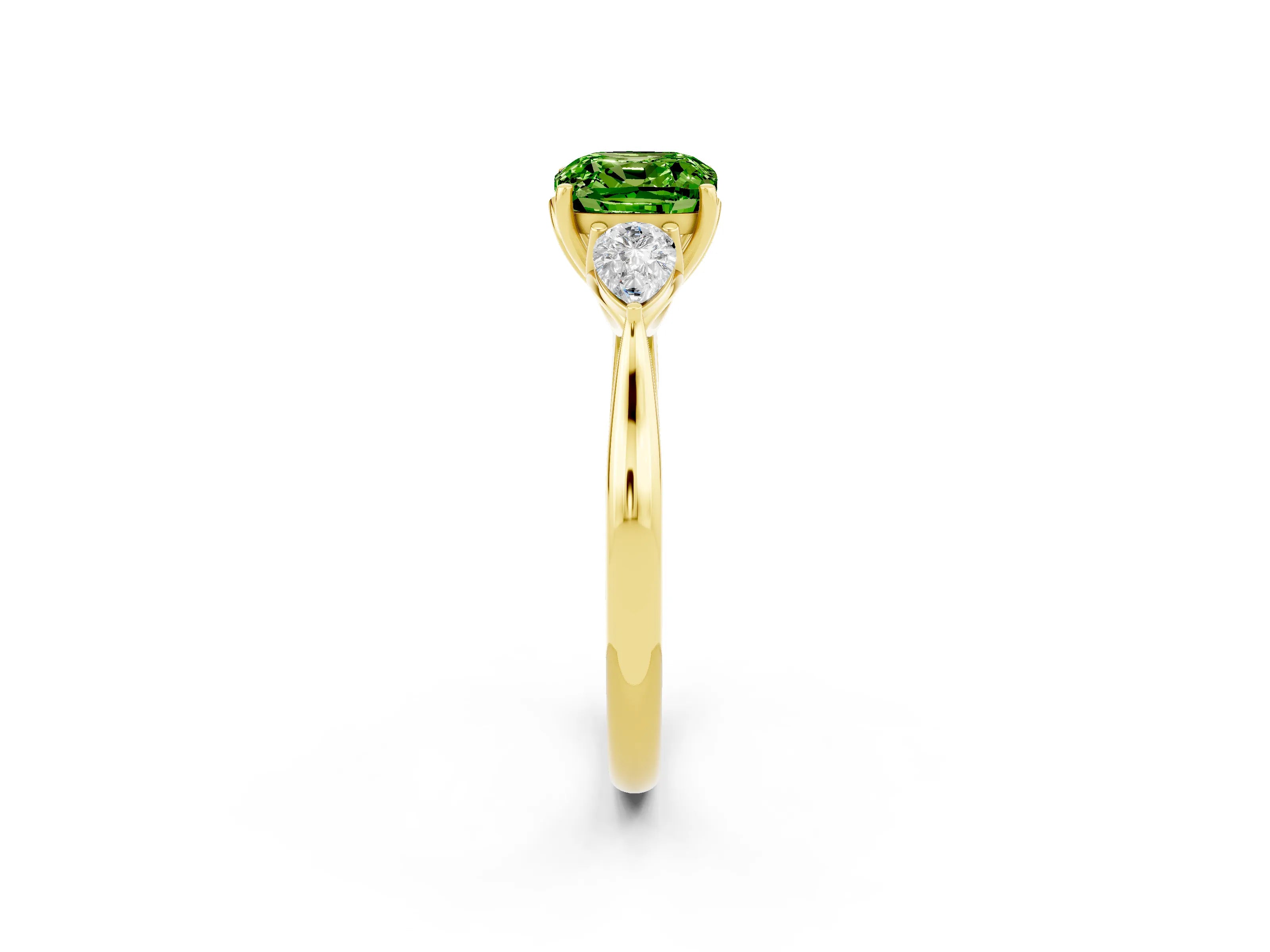 Yellow gold Cushion Cut Peridot Three-Stone Ring with Pear Side Stones and Four-Prong Setting_14