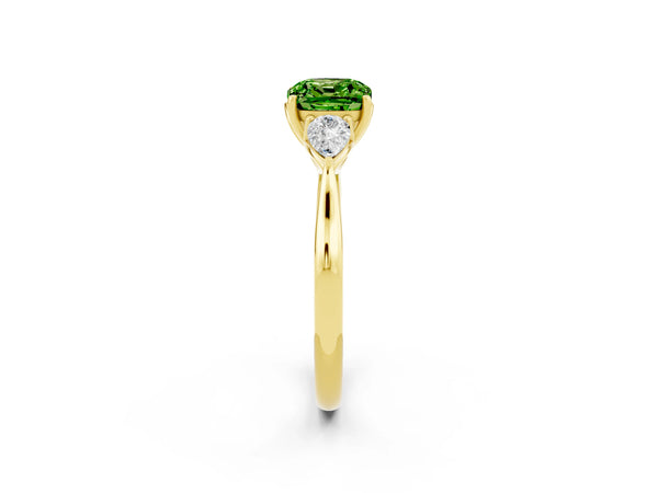 Yellow gold Cushion Cut Peridot Three-Stone Ring with Pear  Side Stones and Prong Setting