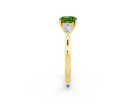 Yellow gold Cushion Cut Peridot Three-Stone Ring with Pear Side Stones and Four-Prong Setting_14