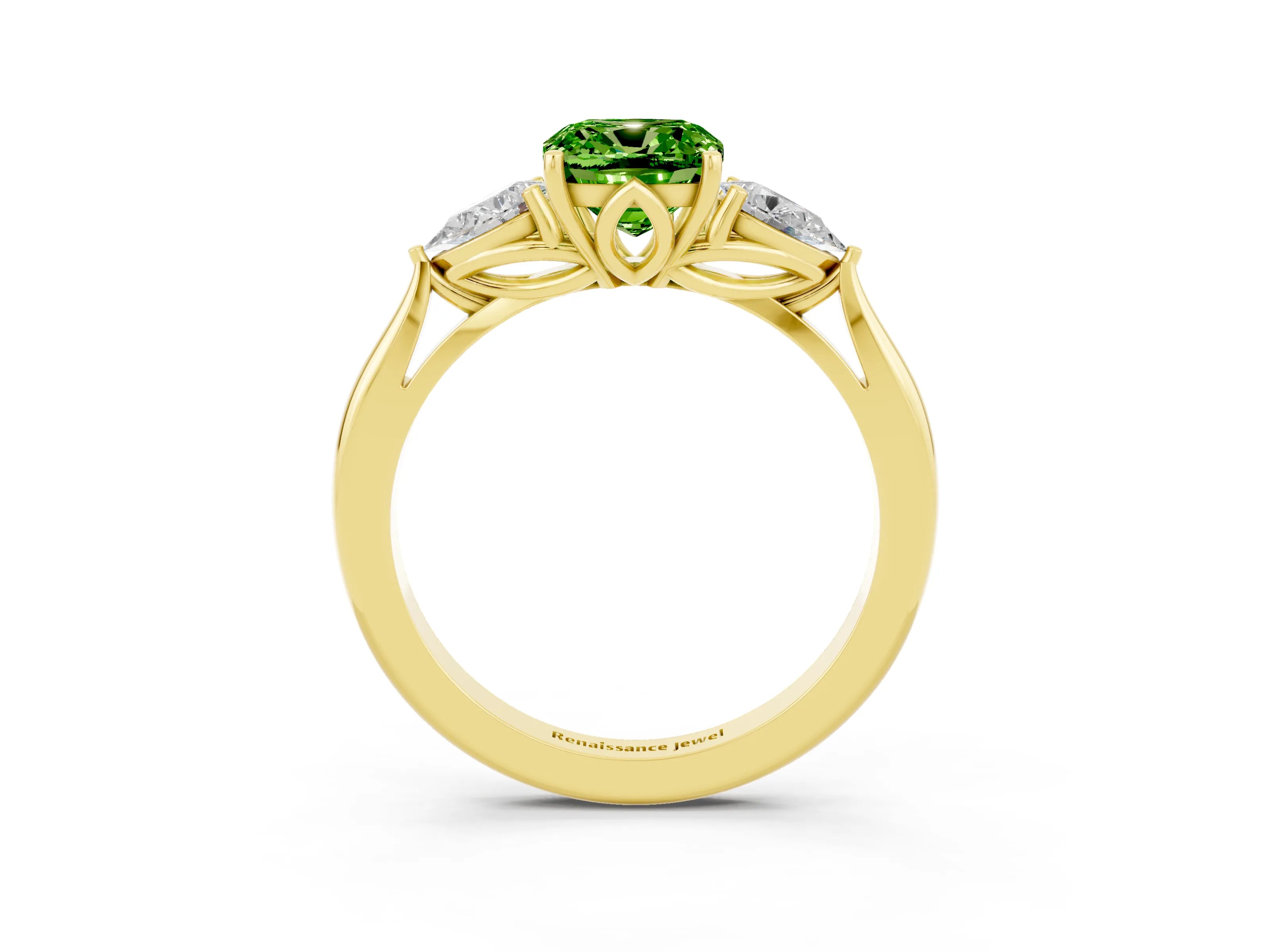 Yellow gold Cushion Cut Peridot Three-Stone Ring with Pear Side Stones and Four-Prong Setting_15