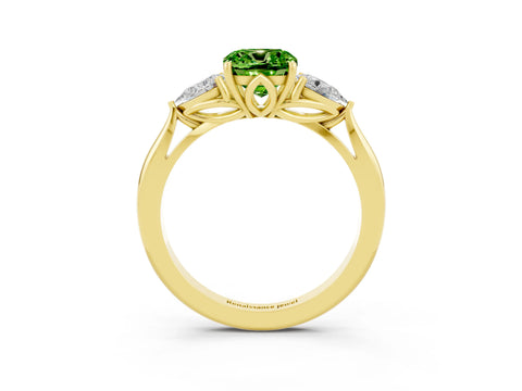 Yellow gold Cushion Cut Peridot Three-Stone Ring with Pear Side Stones and Four-Prong Setting_15