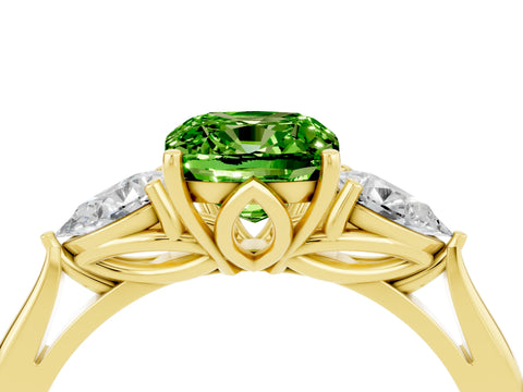 Yellow gold Cushion Cut Peridot Three-Stone Ring with Pear Side Stones and Four-Prong Setting_16