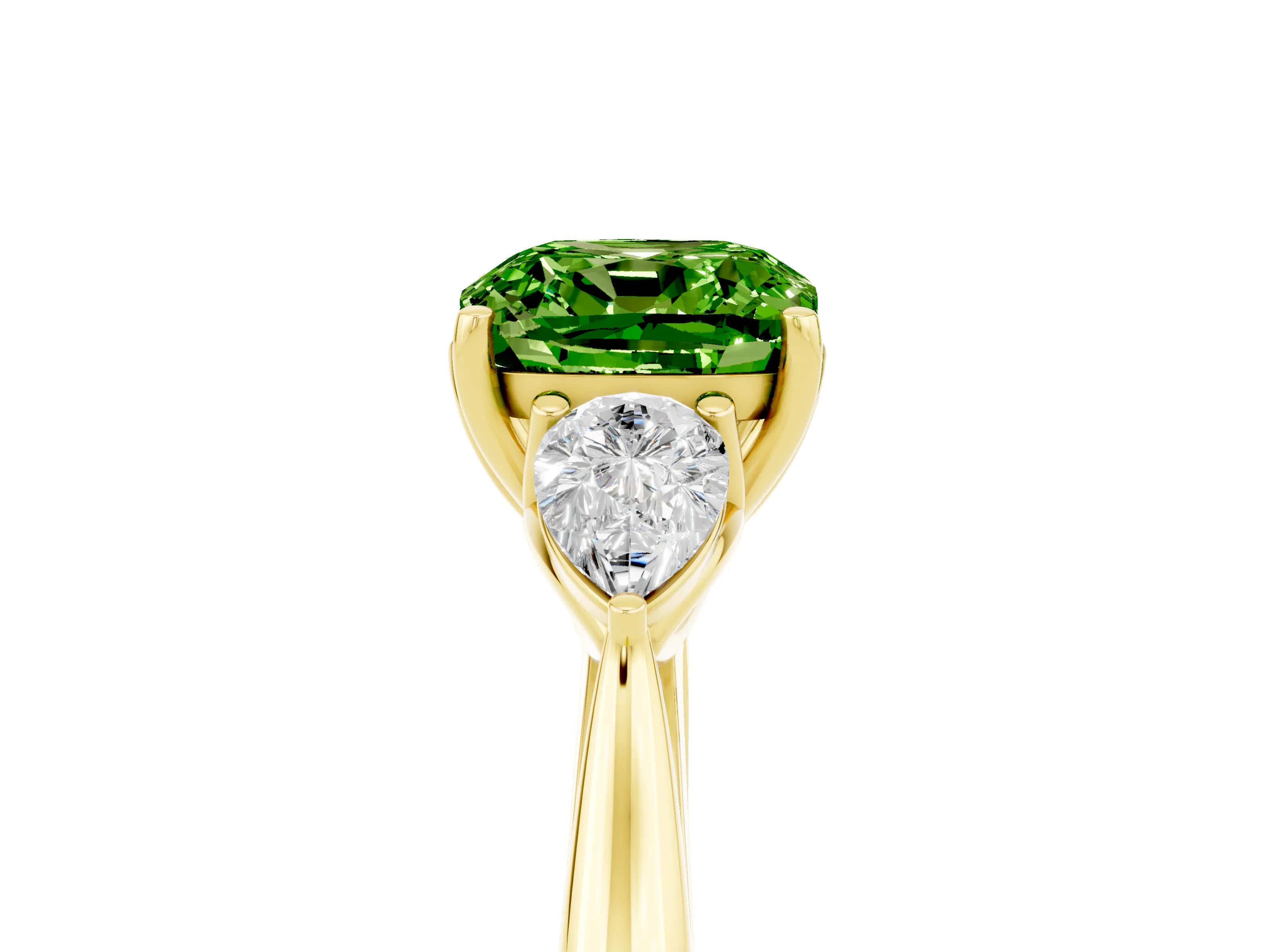 Yellow gold Cushion Cut Peridot Three-Stone Ring with Pear Side Stones and Four-Prong Setting_17
