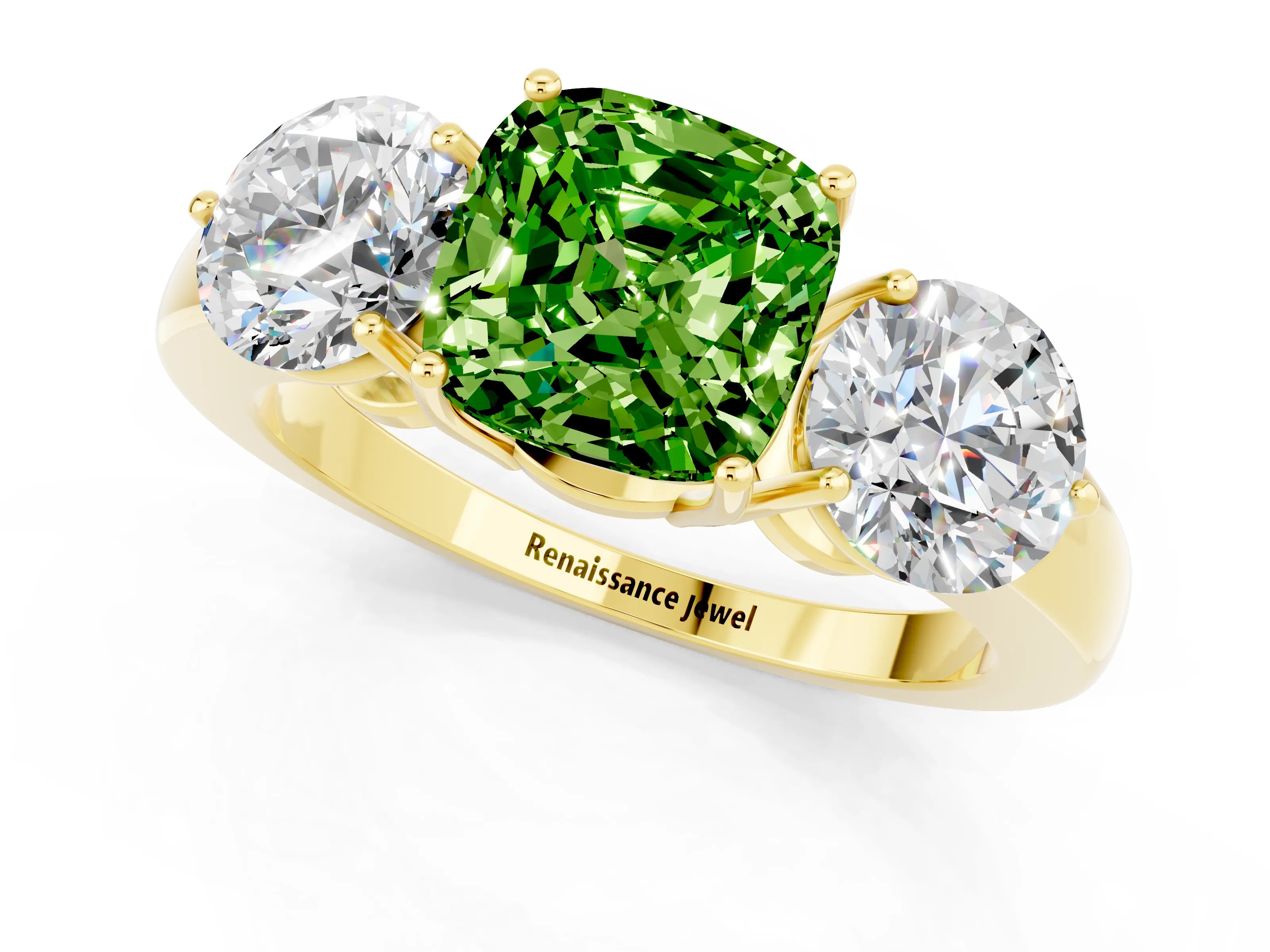 Yellow gold Cushion Cut Peridot Three-Stone Ring with Prong Setting and Classic Band_1