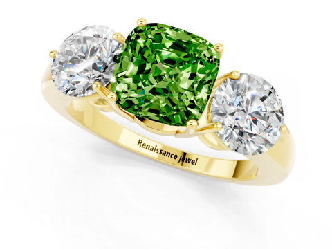 Yellow gold Cushion Cut Peridot Three-Stone Ring with Prong Setting and Classic Band_1