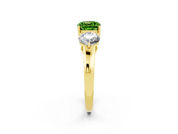 Yellow gold Cushion Cut Peridot Three-Stone Ring with Prong Setting and Classic Band