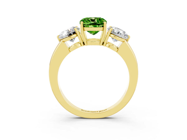 Yellow gold Cushion Cut Peridot Three-Stone Ring with Prong Setting and Classic Band