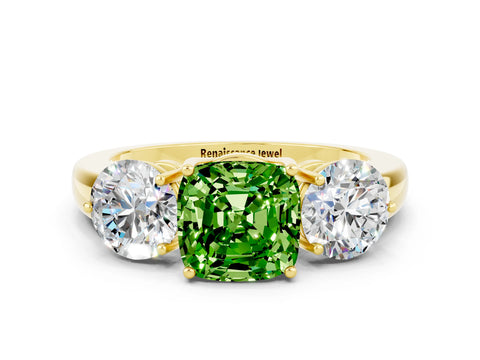 Yellow gold Cushion Cut Peridot Three-Stone Ring with Prong Setting and Classic Band