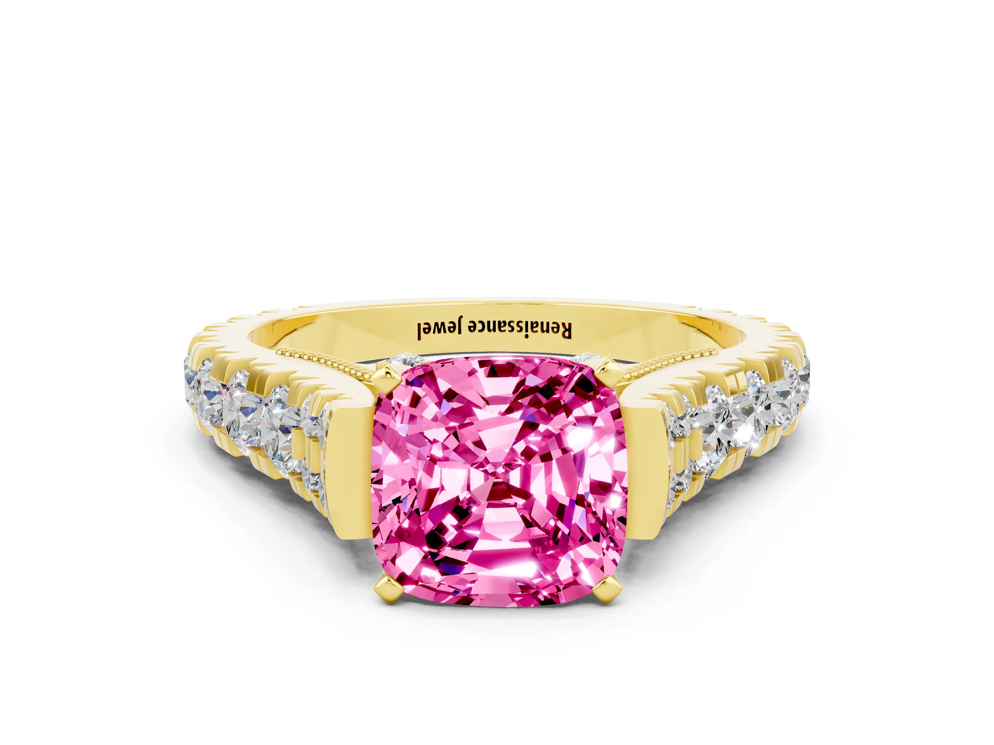Yellow gold Cushion Cut Pink Sapphire Classic Solitaire Ring with Pavé Band and Four-Prong Setting_12