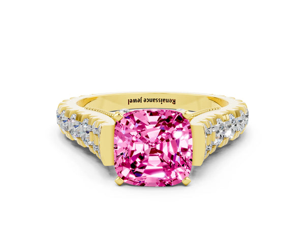 Yellow gold Cushion Cut Pink Sapphire Classic Solitaire Ring with Pavé Band and Four-Prong Setting