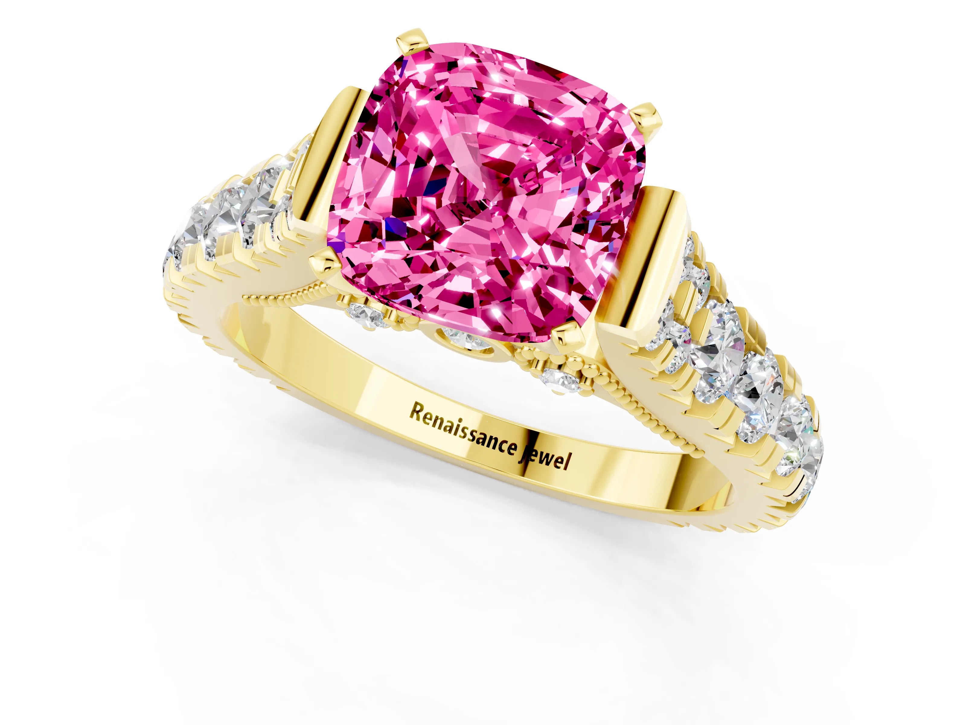 Yellow gold Cushion Cut Pink Sapphire Classic Solitaire Ring with Pavé Band and Four-Prong Setting_13