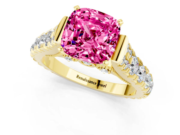 Yellow gold Cushion Cut Pink Sapphire Classic Solitaire Ring with Pavé Band and Four-Prong Setting