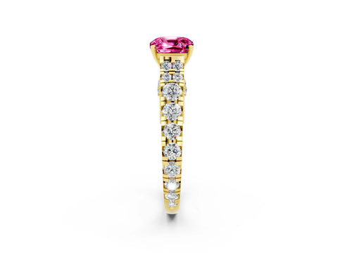 Yellow gold Cushion Cut Pink Sapphire Classic Solitaire Ring with Pavé Band and Four-Prong Setting_14