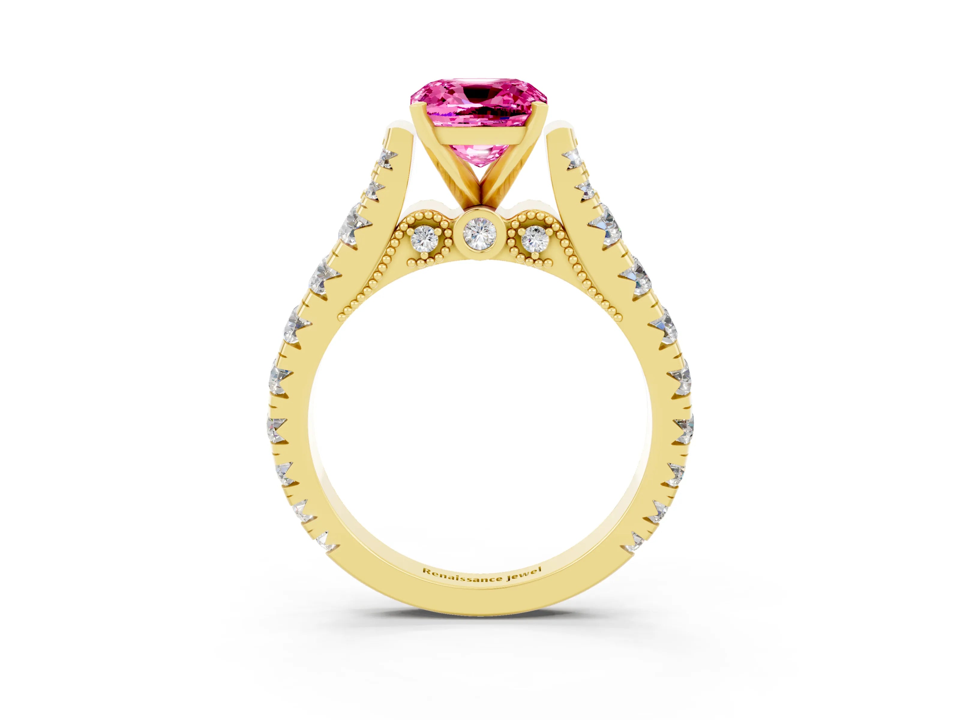 Yellow gold Cushion Cut Pink Sapphire Classic Solitaire Ring with Pavé Band and Four-Prong Setting_15