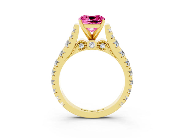 Yellow gold Cushion Cut Pink Sapphire Classic Solitaire Ring with Pavé Band and Four-Prong Setting