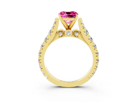 Yellow gold Cushion Cut Pink Sapphire Classic Solitaire Ring with Pavé Band and Four-Prong Setting_15