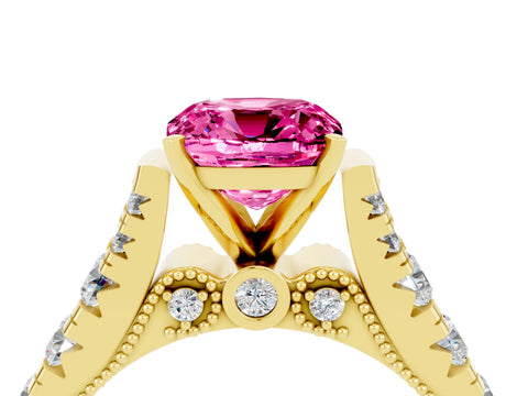 Yellow gold Cushion Cut Pink Sapphire Classic Solitaire Ring with Pavé Band and Four-Prong Setting_16