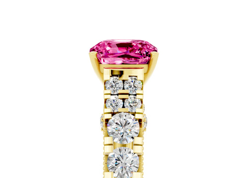 Yellow gold Cushion Cut Pink Sapphire Classic Solitaire Ring with Pavé Band and Four-Prong Setting_17