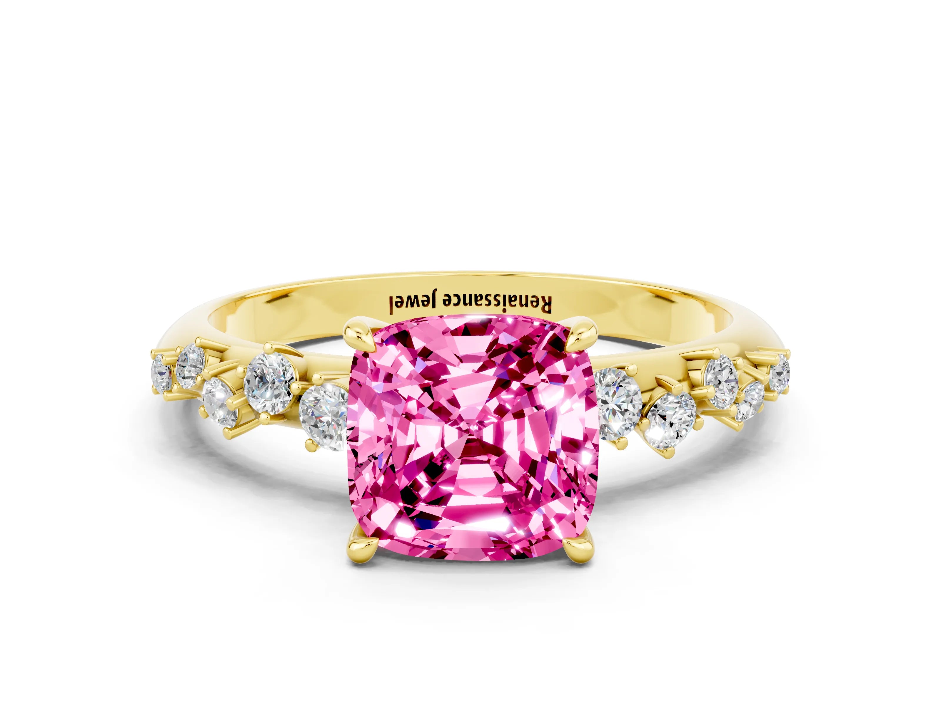 Yellow gold Cushion Cut Pink Sapphire Cluster Side Stone Solitaire Ring with Prong Setting_48