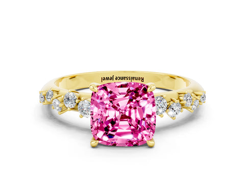 Yellow gold Cushion Cut Pink Sapphire Cluster Side Stone Solitaire Ring with Prong Setting_48