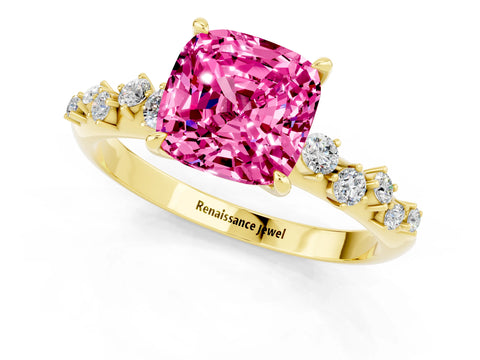 Yellow gold Cushion Cut Pink Sapphire Cluster Side Stone Solitaire Ring with Prong Setting_49