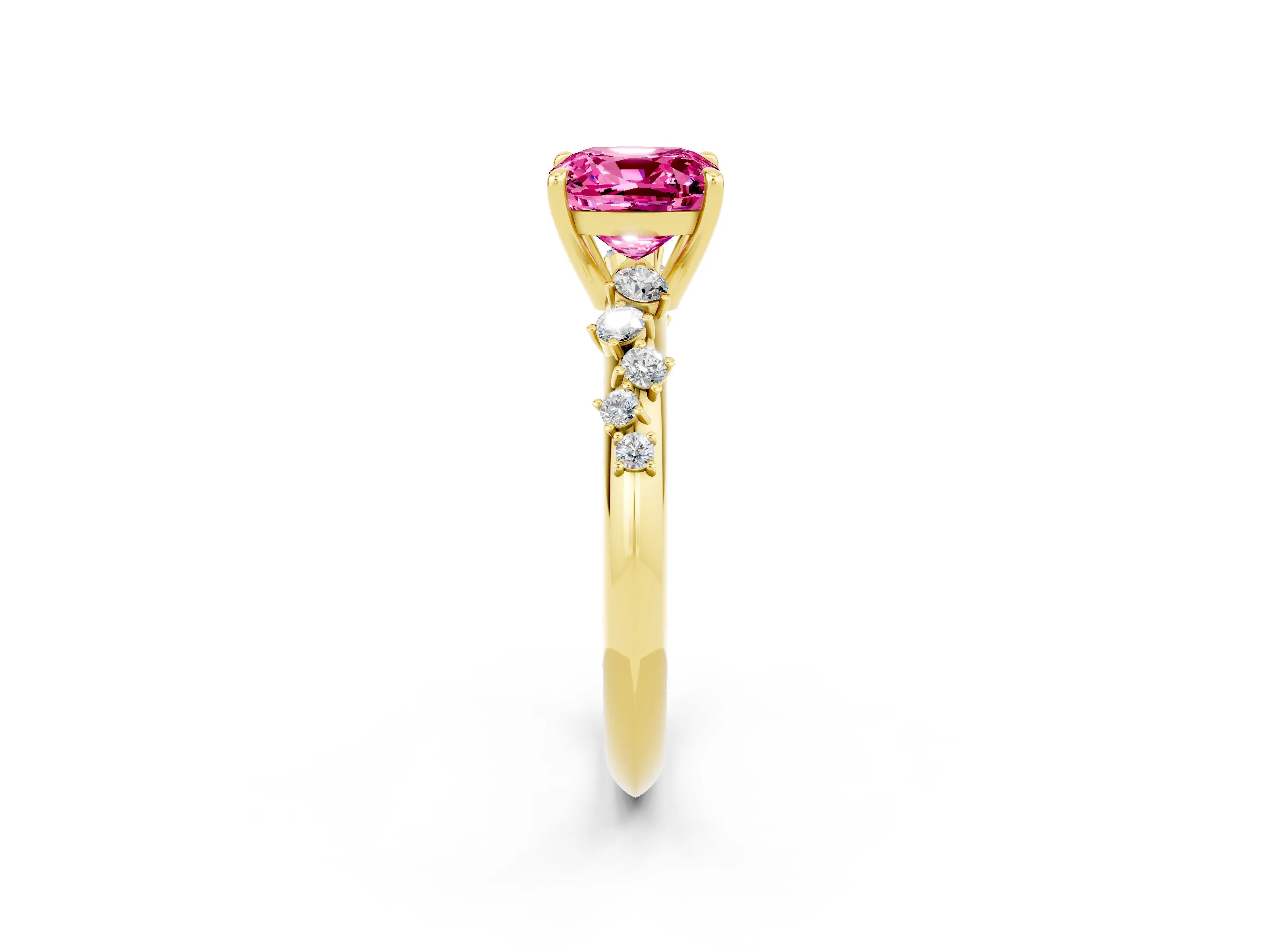Yellow gold Cushion Cut Pink Sapphire Cluster Side Stone Solitaire Ring with Prong Setting_50