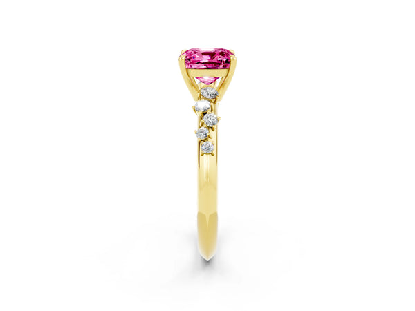 Yellow gold Cushion Cut Pink Sapphire Cluster Side Stone Solitaire Ring with Prong Setting