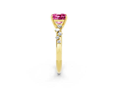 Yellow gold Cushion Cut Pink Sapphire Cluster Side Stone Solitaire Ring with Prong Setting_50
