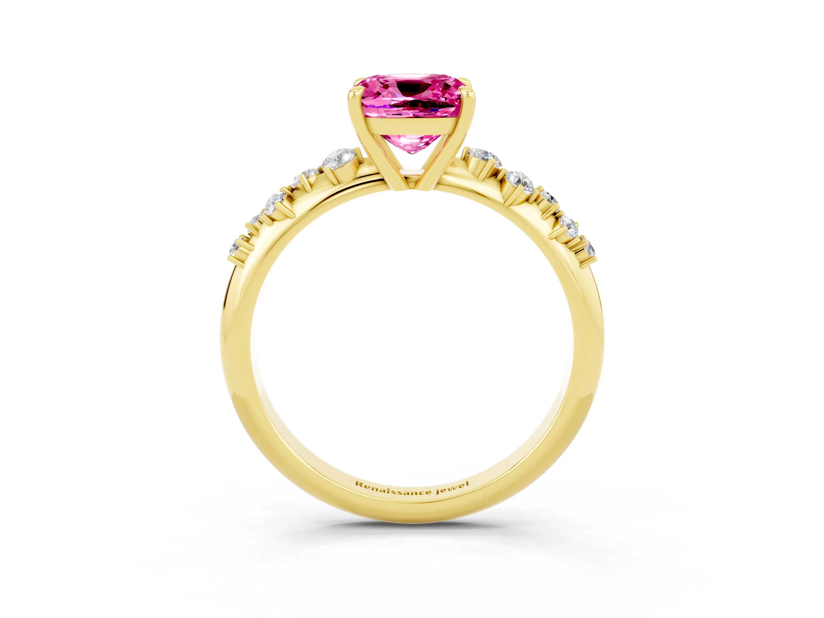 Yellow gold Cushion Cut Pink Sapphire Cluster Side Stone Solitaire Ring with Prong Setting_51