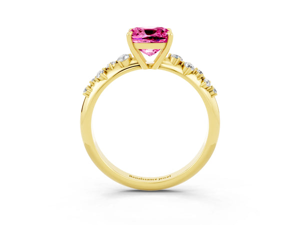Yellow gold Cushion Cut Pink Sapphire Cluster Side Stone Solitaire Ring with Prong Setting