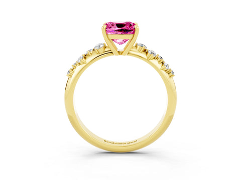 Yellow gold Cushion Cut Pink Sapphire Cluster Side Stone Solitaire Ring with Prong Setting_51