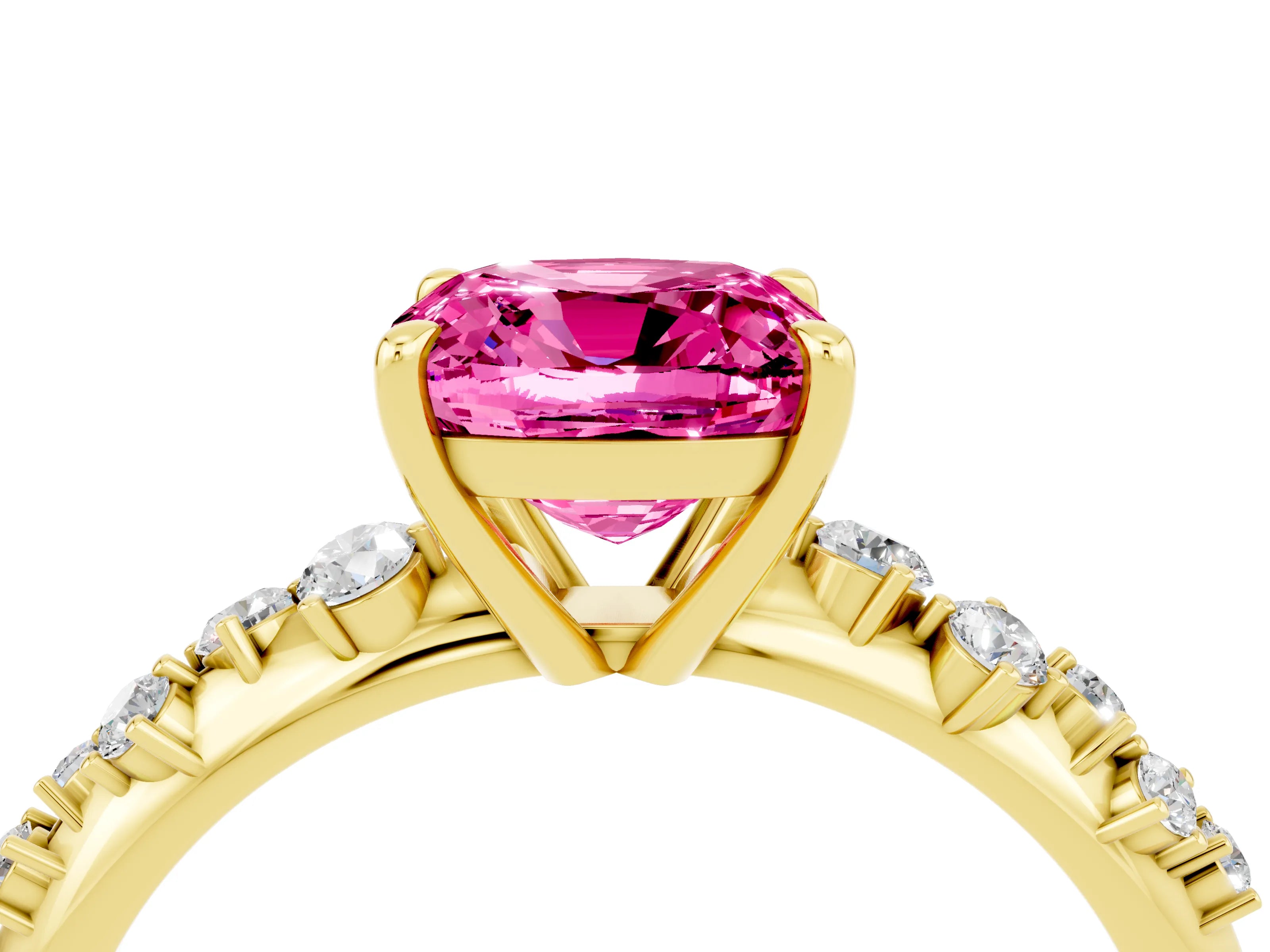 Yellow gold Cushion Cut Pink Sapphire Cluster Side Stone Solitaire Ring with Prong Setting_52