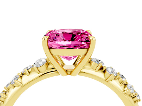 Yellow gold Cushion Cut Pink Sapphire Cluster Side Stone Solitaire Ring with Prong Setting_52