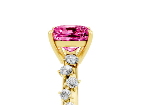 Yellow gold Cushion Cut Pink Sapphire Cluster Side Stone Solitaire Ring with Prong Setting_53