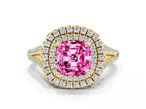 Yellow gold Cushion Cut Pink Sapphire Double Halo Ring with Pavé Band and Prong Setting_12