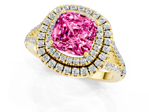 Yellow gold Cushion Cut Pink Sapphire Double Halo Ring with Pavé Band and Prong Setting_13