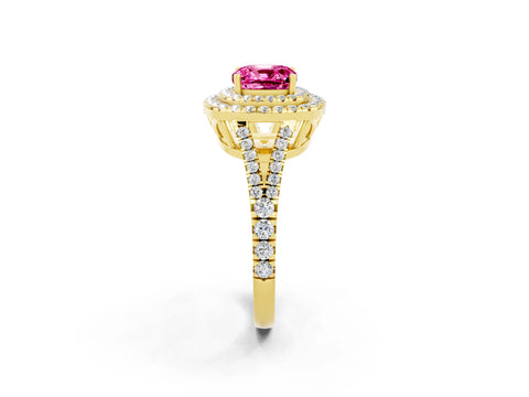 Yellow gold Cushion Cut Pink Sapphire Double Halo Ring with Pavé Band and Prong Setting_14