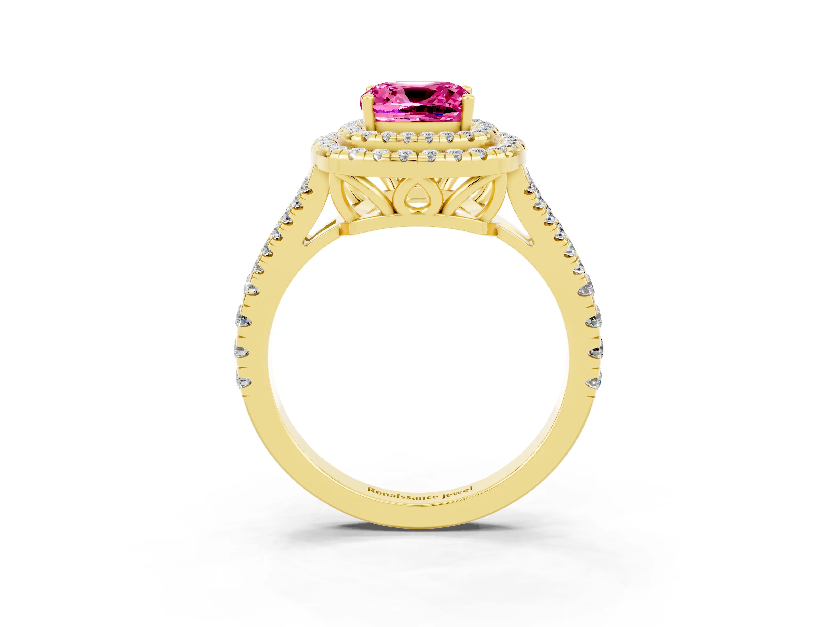 Yellow gold Cushion Cut Pink Sapphire Double Halo Ring with Pavé Band and Prong Setting_15