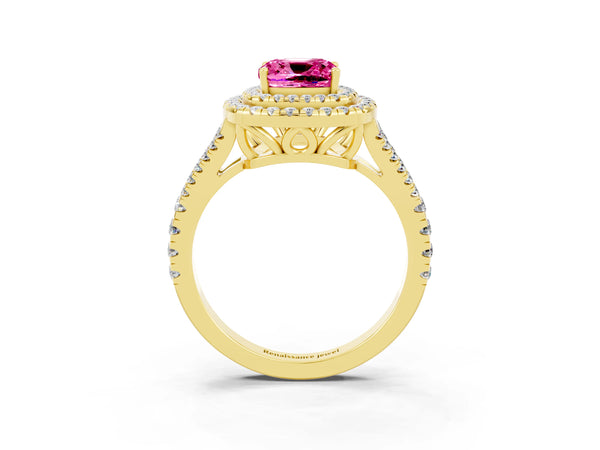 Yellow gold Cushion Cut Pink Sapphire Double Halo Ring with Pavé Band and Prong Setting