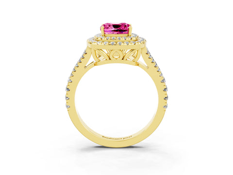Yellow gold Cushion Cut Pink Sapphire Double Halo Ring with Pavé Band and Prong Setting_15