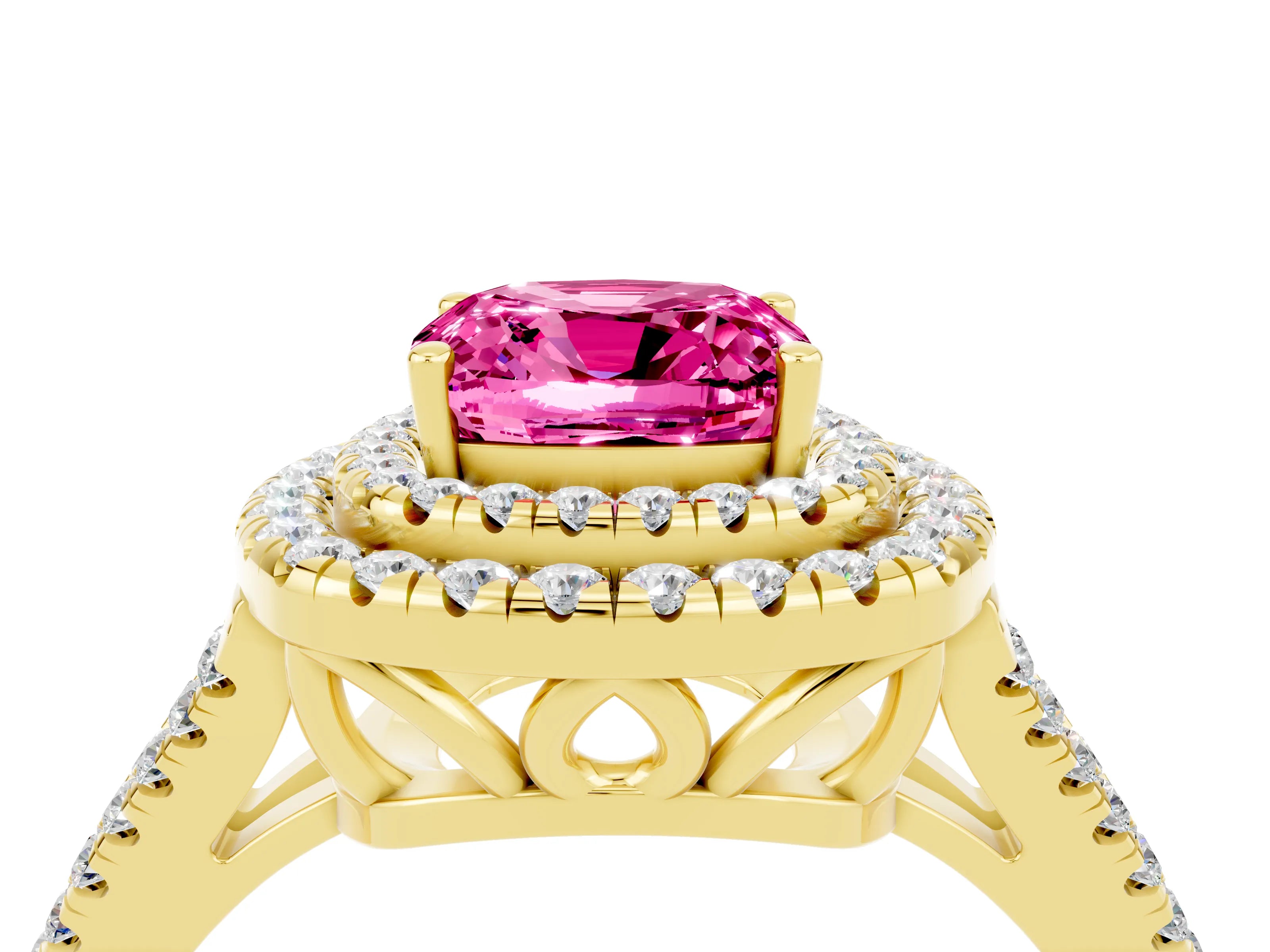 Yellow gold Cushion Cut Pink Sapphire Double Halo Ring with Pavé Band and Prong Setting_16