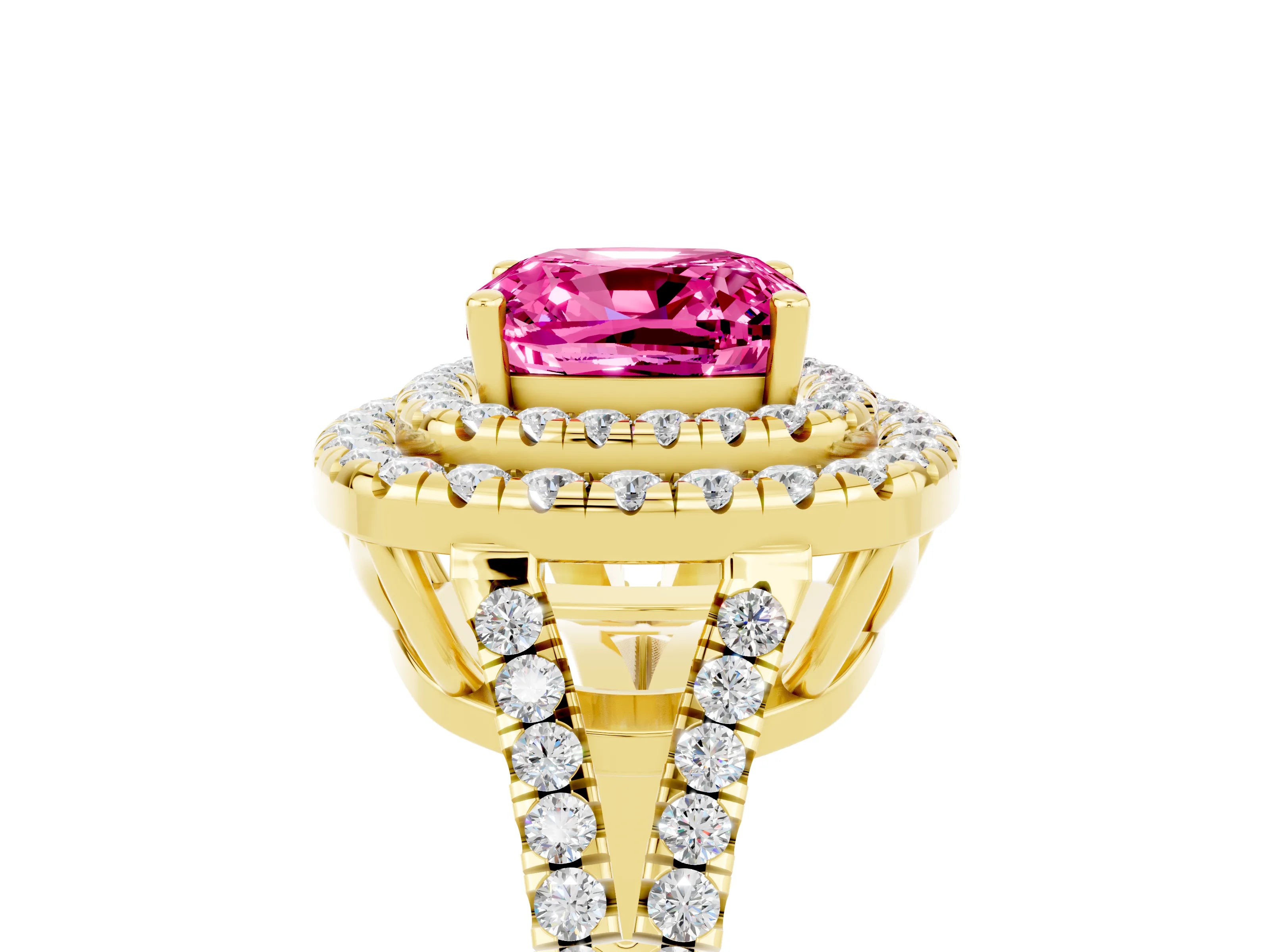 Yellow gold Cushion Cut Pink Sapphire Double Halo Ring with Pavé Band and Prong Setting_17