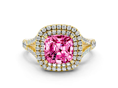 Yellow gold Cushion Cut Pink Sapphire Double Halo Ring with Split Shank and Prong Setting_12