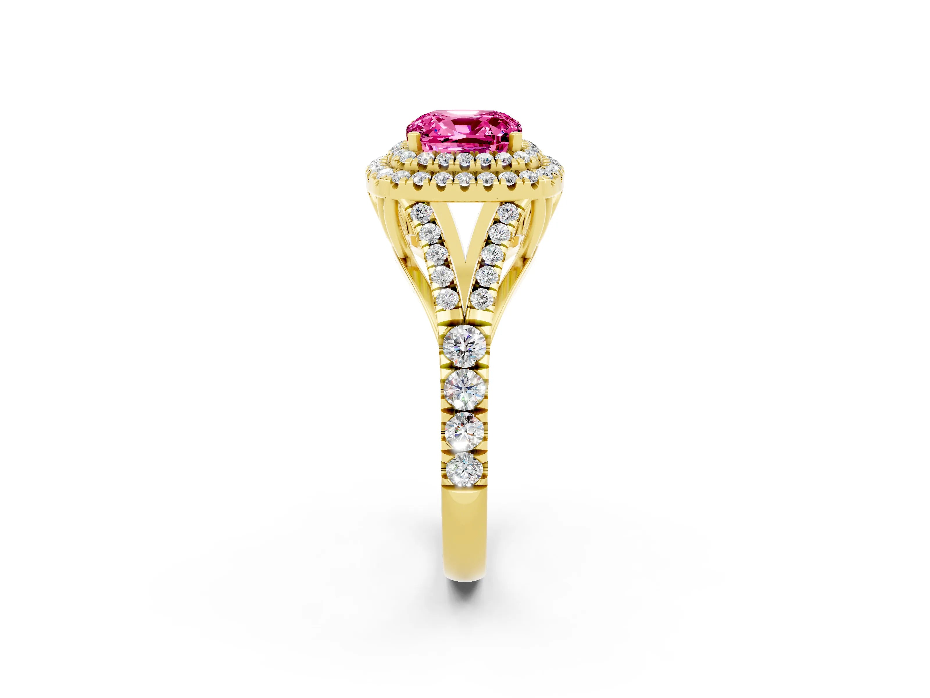 Yellow gold Cushion Cut Pink Sapphire Double Halo Ring with Split Shank and Prong Setting_14