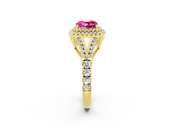Yellow gold Cushion Cut Pink Sapphire Double Halo Ring with Split Shank and Prong Setting